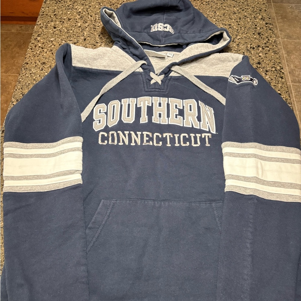 Champion Southern Connecticut Navy and Gray Sweatshirt hockey style laced hoodie